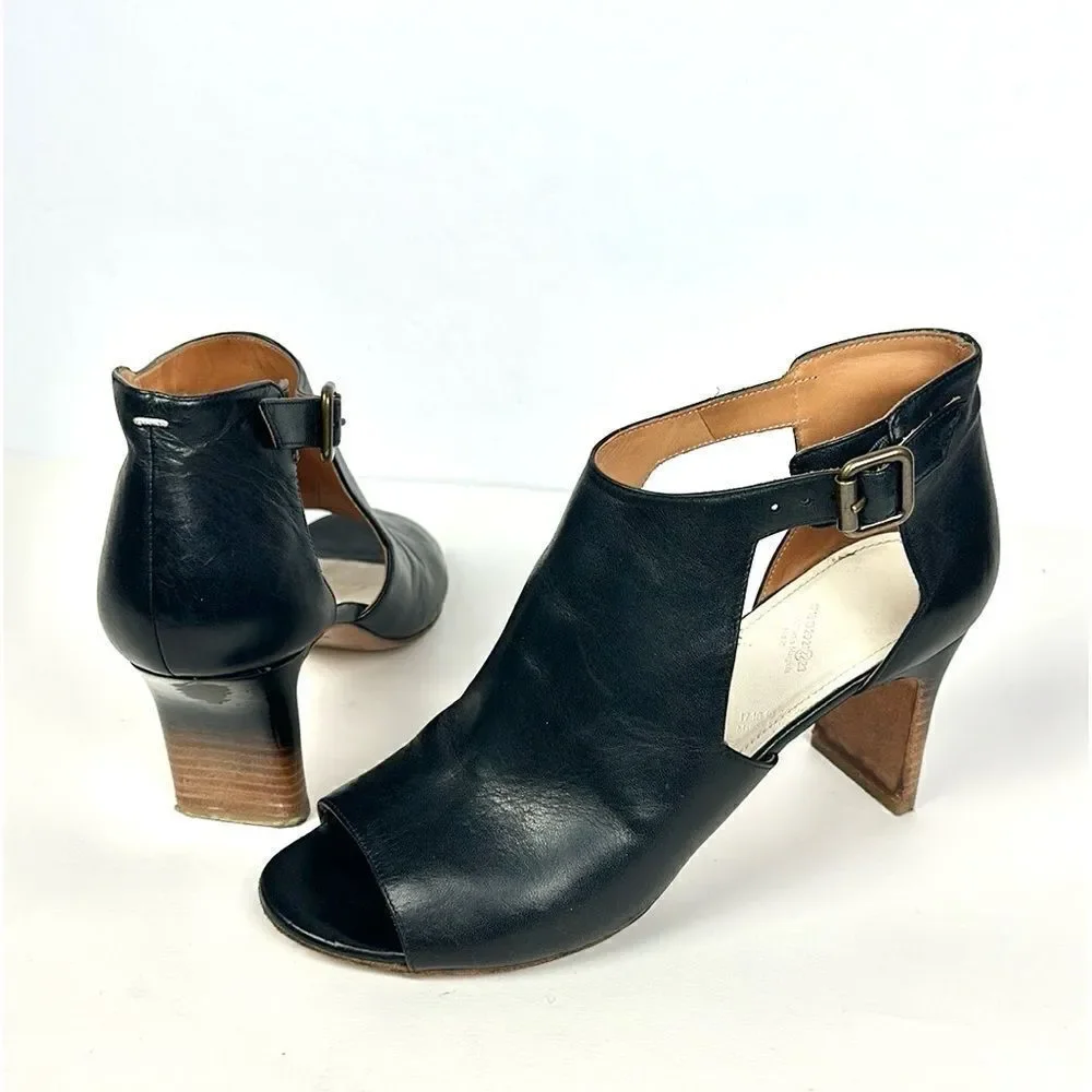 Maison Martin Margiela Black Leather Ombre Heels Open Toe Side Buckle Italy 39